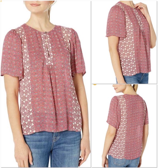 Lucky Brand red pink v-neck pattern semi-sheer blouse L - Picture 1 of 12